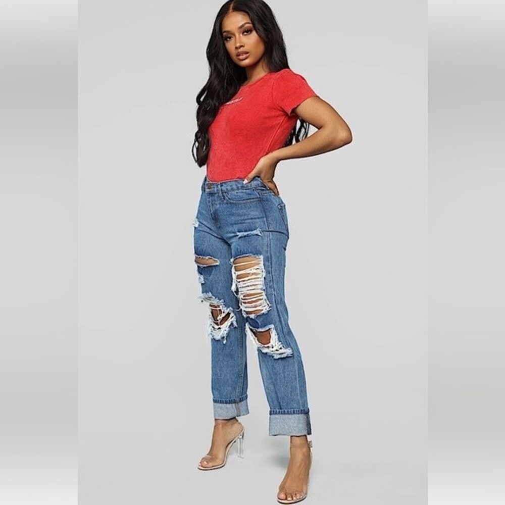 Fashion Nova Medium Blue Wash Worth It Distressed Boyfriend Jeans Size 3